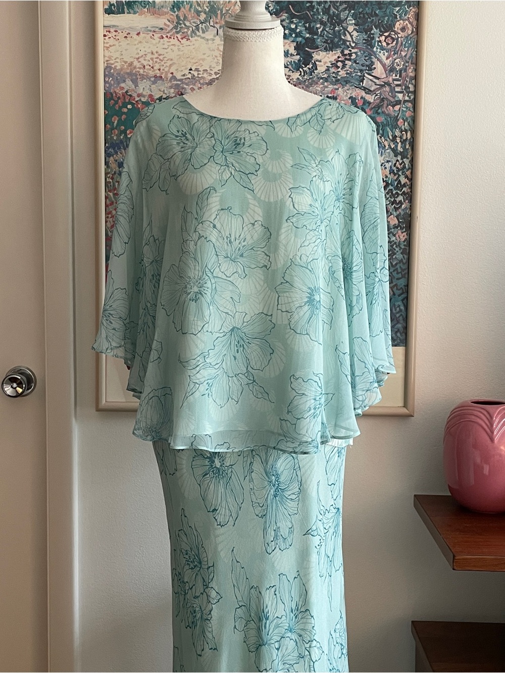 Adrianna Papell 100% Silk Maxi Skirt Set Size 12 Blue Floral Chiffon Fairy 90s